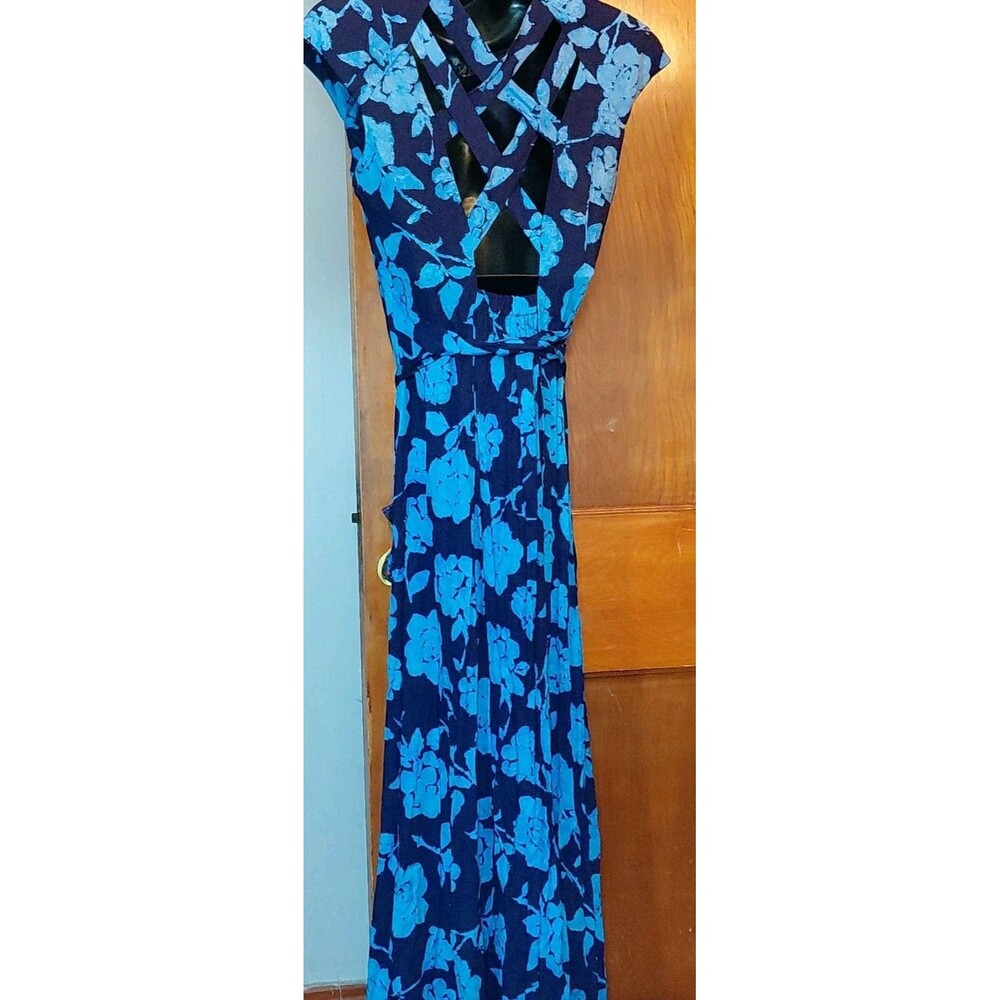 Vintage RJ Co Sz 12 Blue Floral Cap Sleeve Button Down Shoulder Pads Maxi Dress - Picture 9 of 16